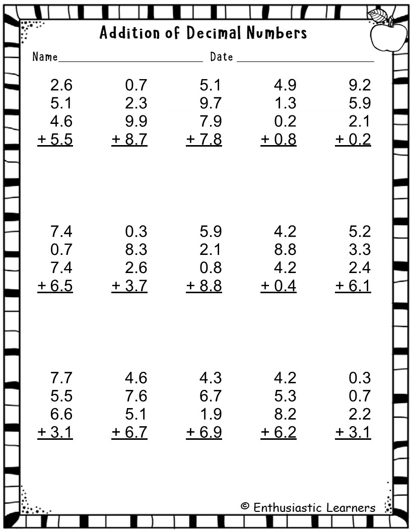 Adding Decimals Worksheets Tenths 4 Addends Math Problems Teaching Resources