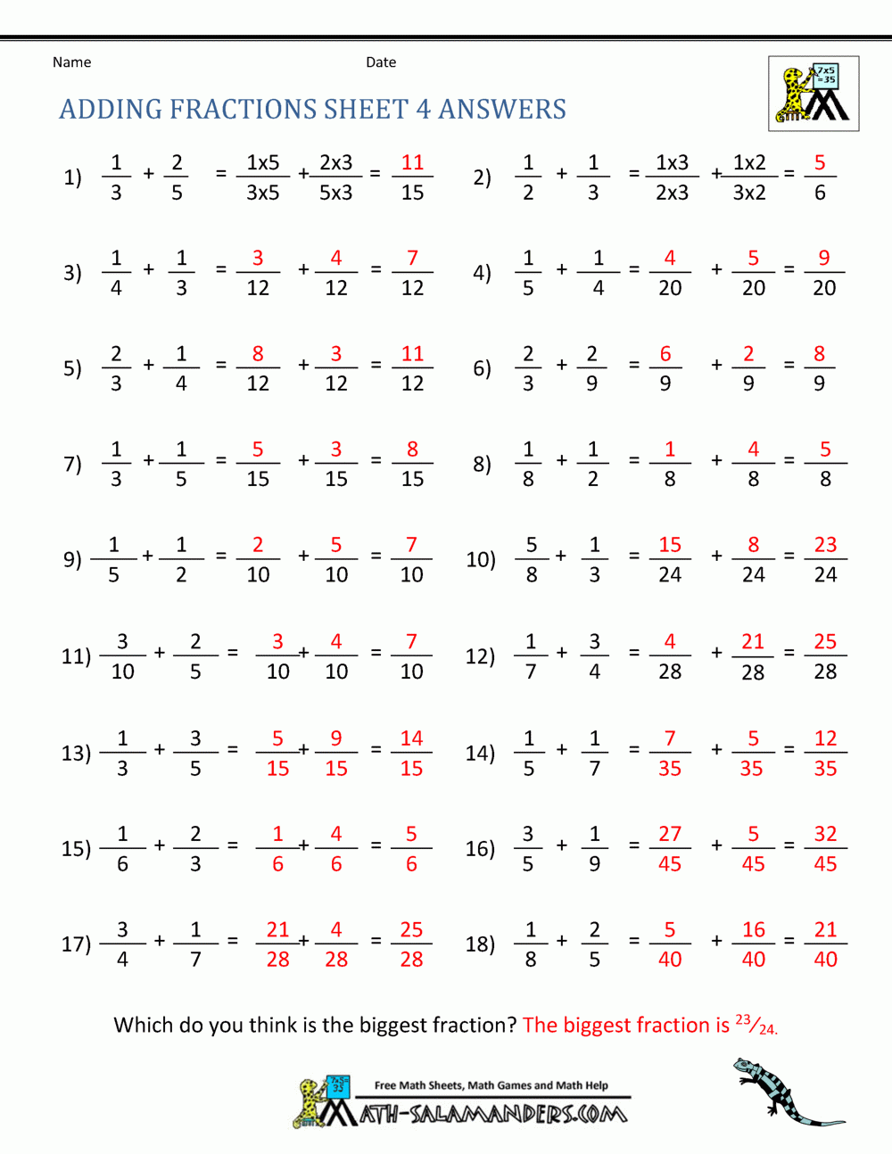 Adding Fractions Sheet 4 Answers
