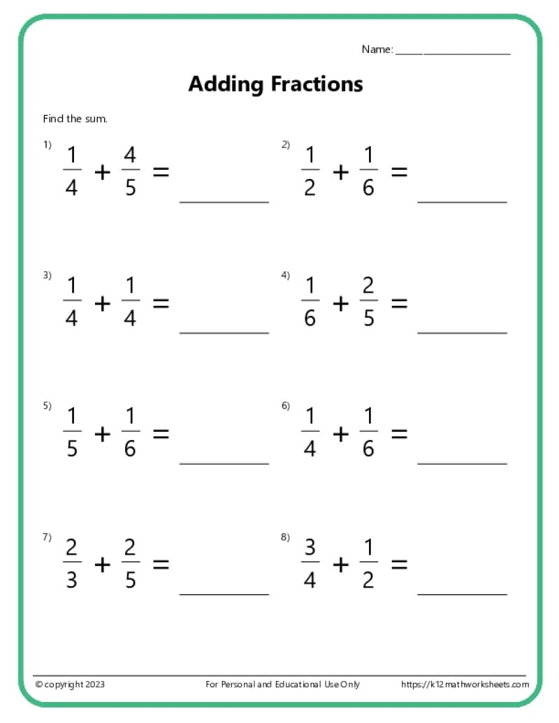 Adding Fractions With Unlike Denominators Worksheets Adding Fractions With Unlike Denominators Worksheets