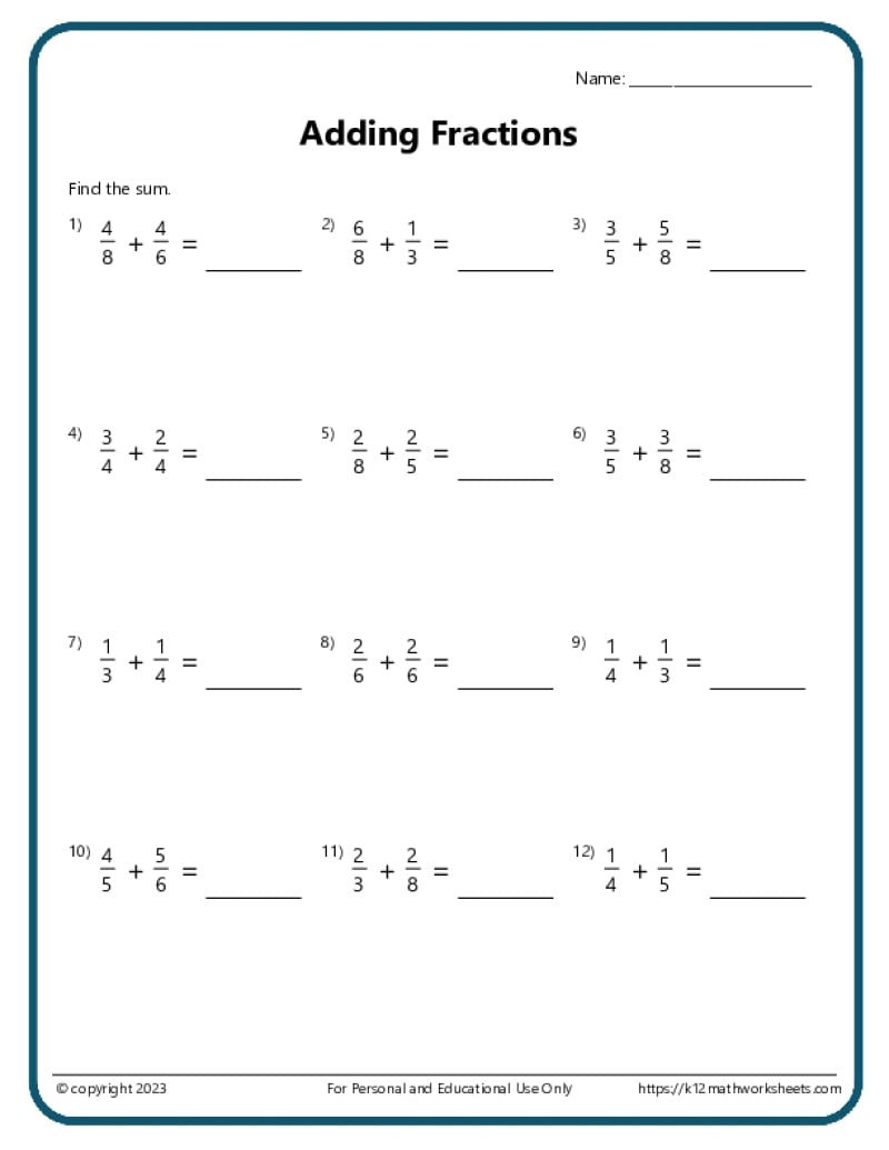 Adding Fractions With Unlike Denominators Worksheets