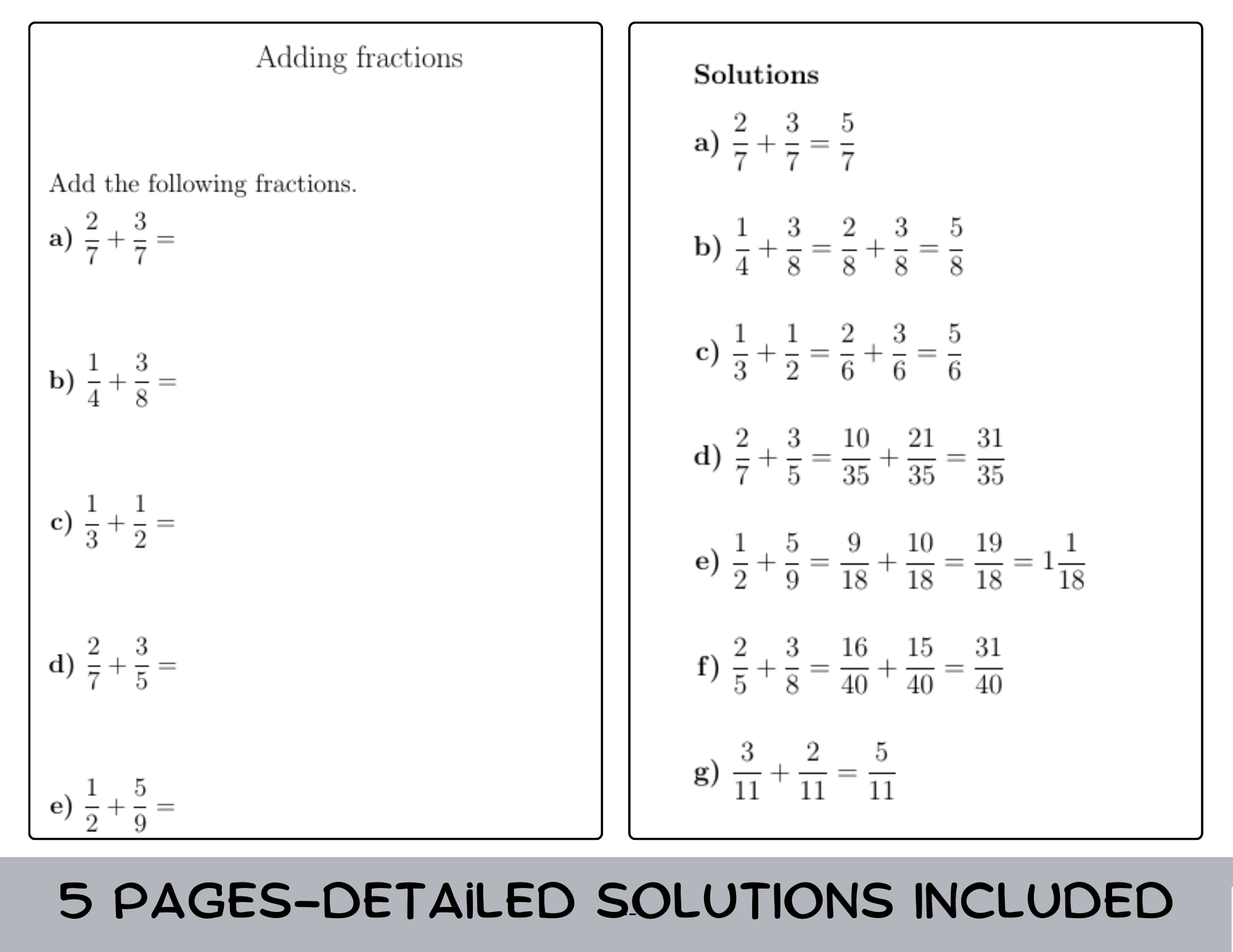 Adding Fractions Worksheet with Solutions Teaching Resources