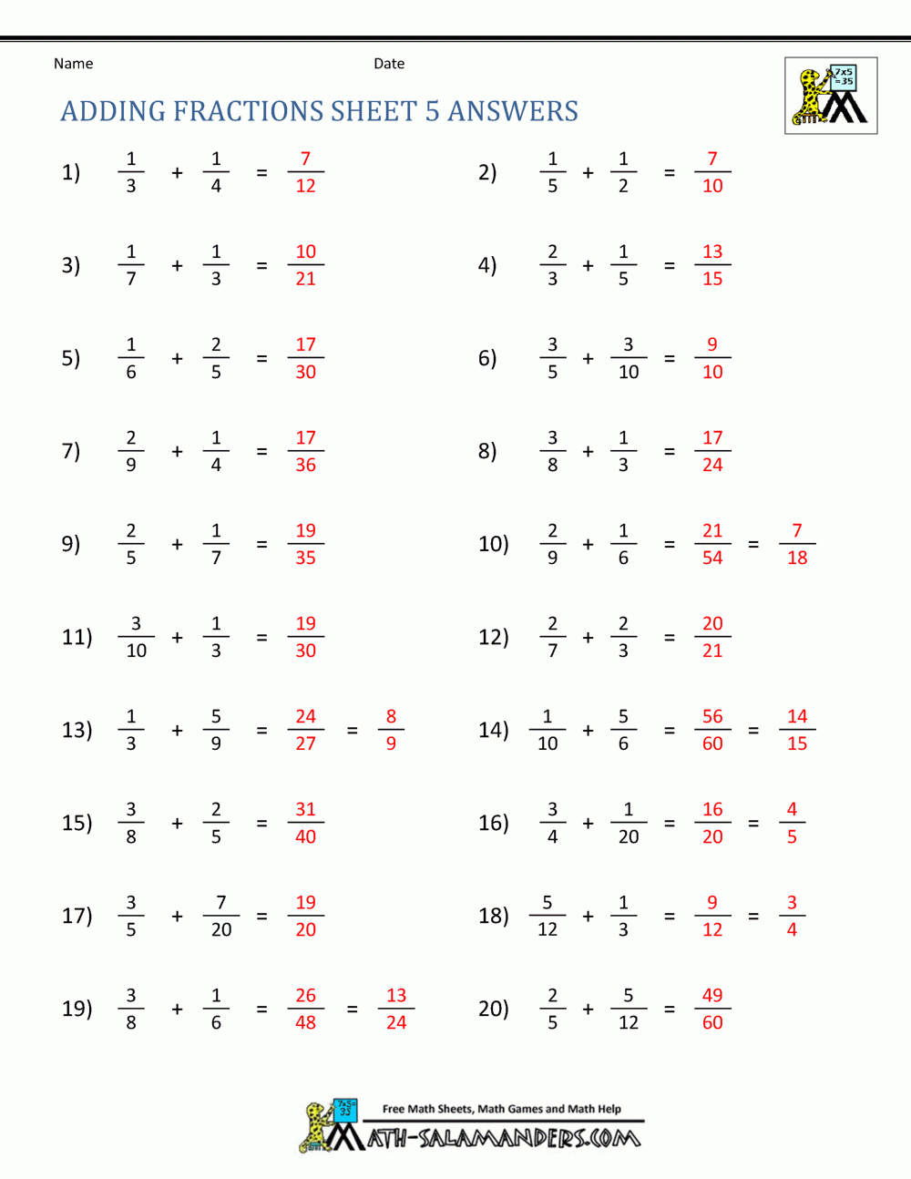 Adding Fractions Worksheets
