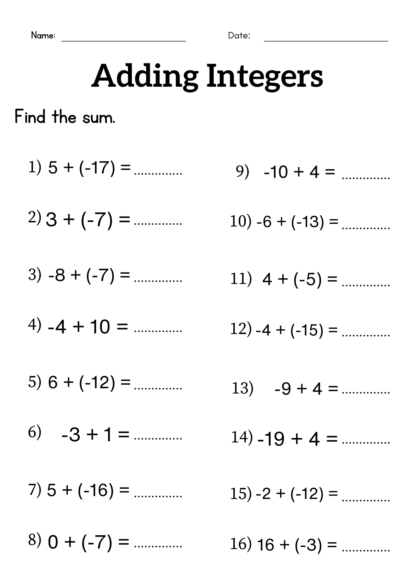 Adding Integers Worksheet Grade 6 Or 7 Addition Of Integers Worksheet Teaching Resources