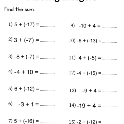 Adding Integers Worksheet Grade 6 Or 7 Addition Of Integers Worksheet Teaching Resources