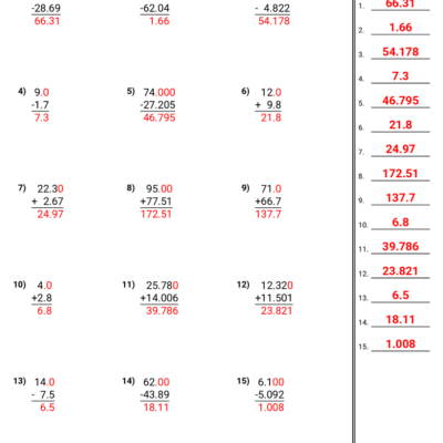 Adding Subtracting Decimals Worksheets