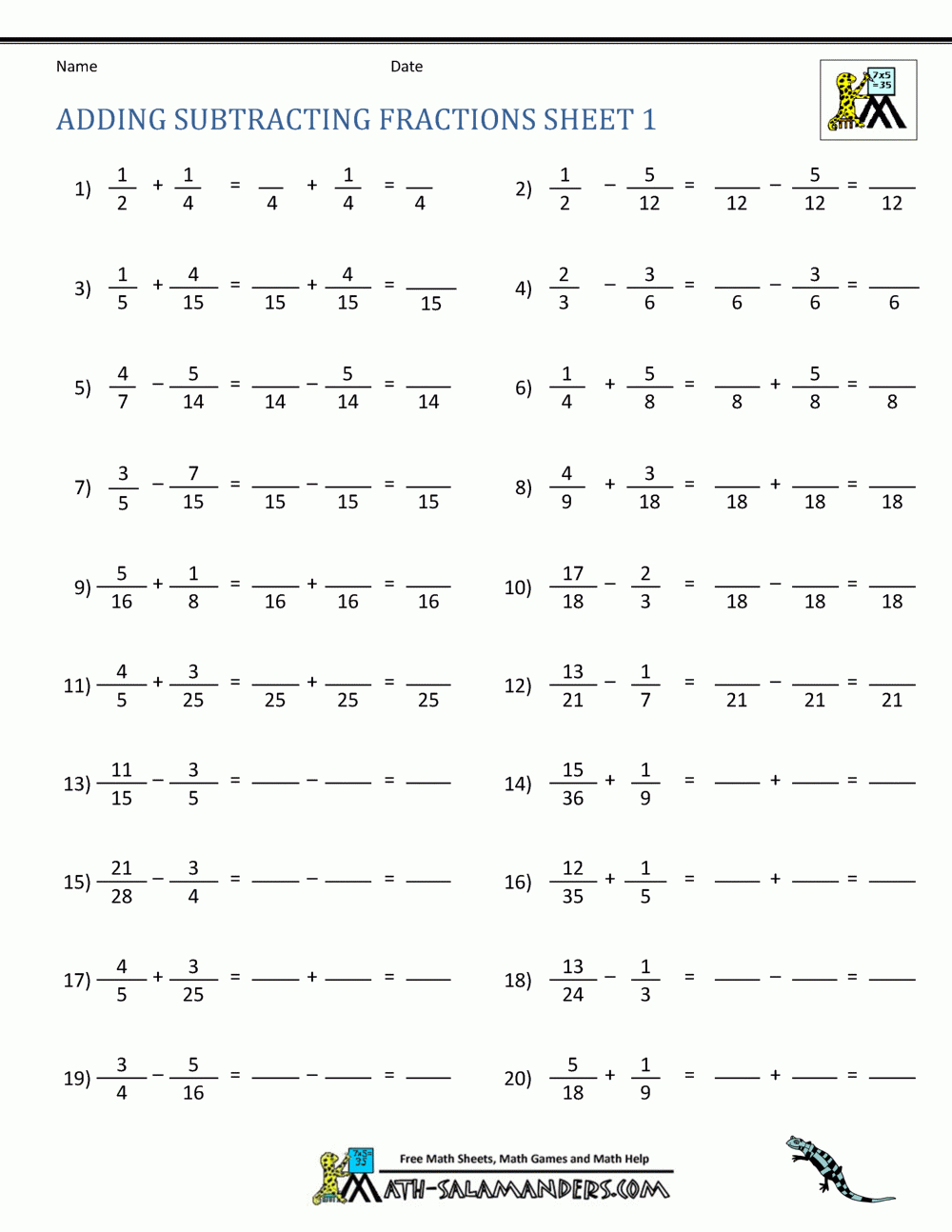 Adding Subtracting Fractions Worksheets Adding Subtracting Fractions Worksheets
