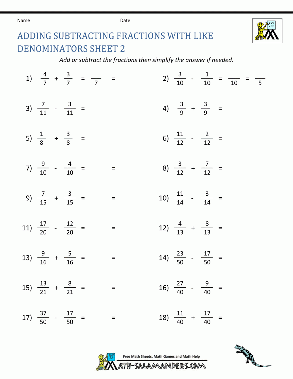 Adding Subtracting Fractions Worksheets Adding Subtracting Fractions Worksheets