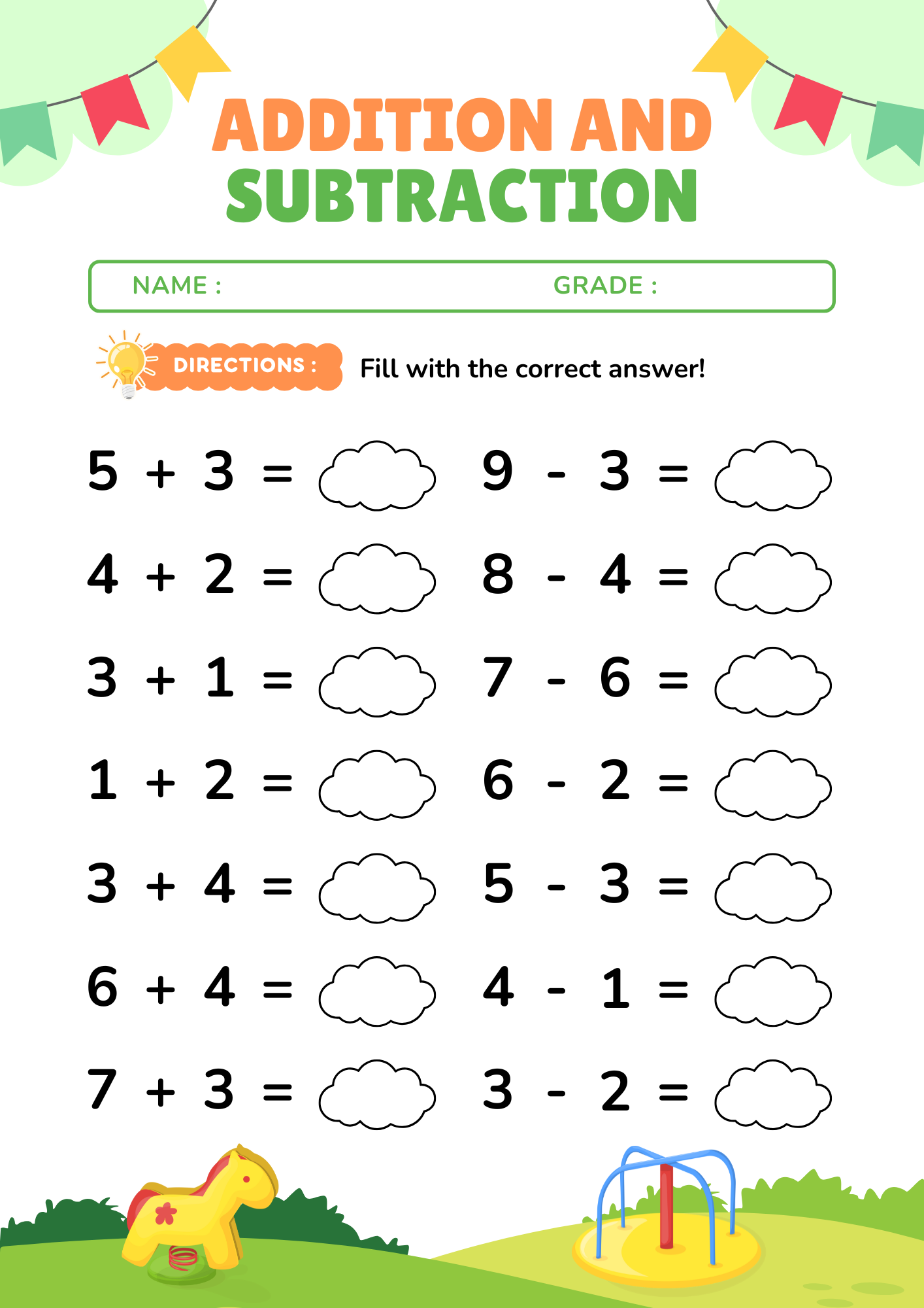 Addition And Subtraction Number Math Worksheets Within 10 For Grade 1 Teaching Resources