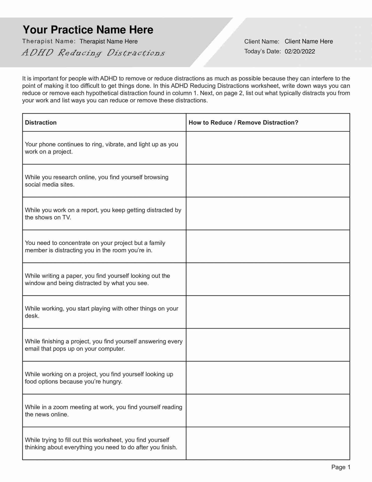 ADHD Reducing Distractions Worksheet PDF TherapyByPro ADHD Reducing Distractions Worksheet PDF TherapyByPro