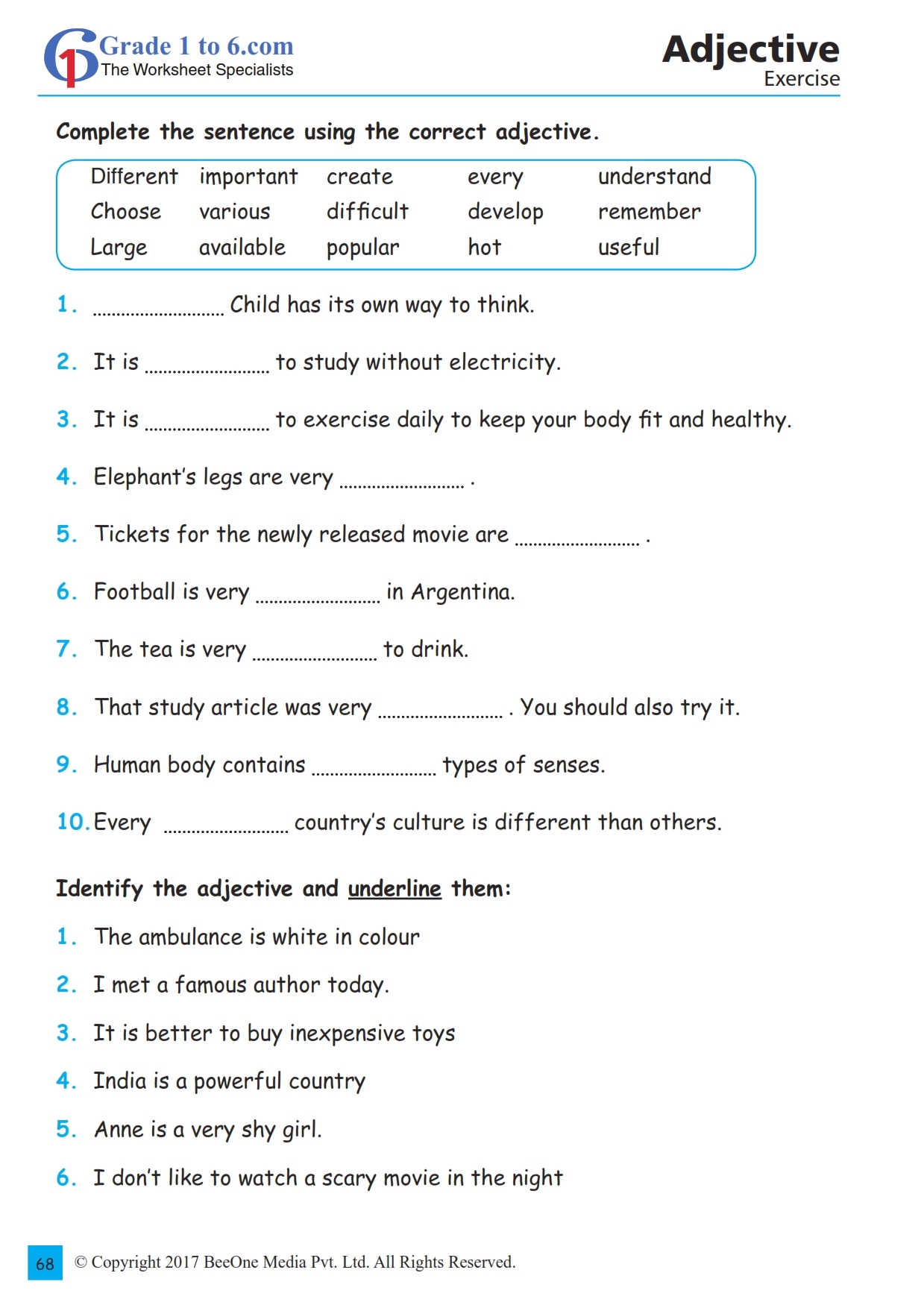 Adjective Exercises And Worksheet Grade1to6