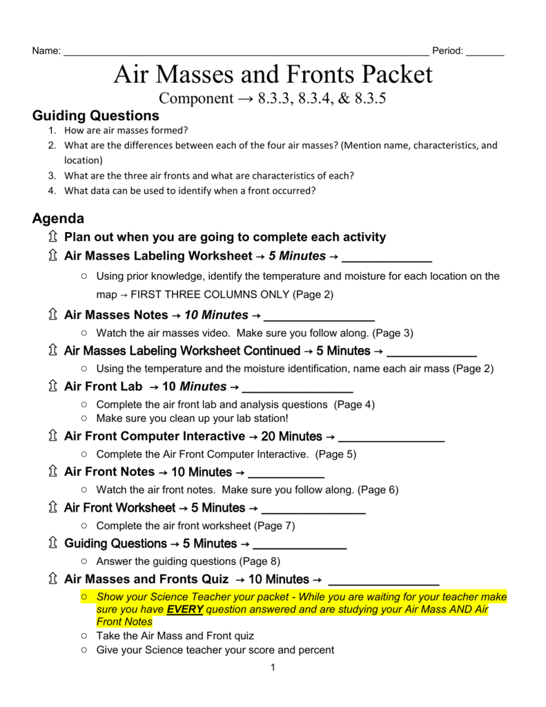 Air Masses And Fronts Worksheet Packet