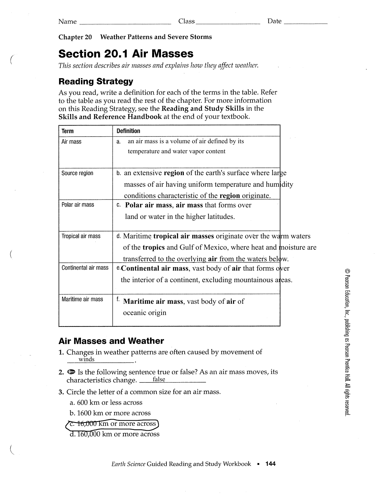 Air Masses Weather Patterns Earth Science Workbook