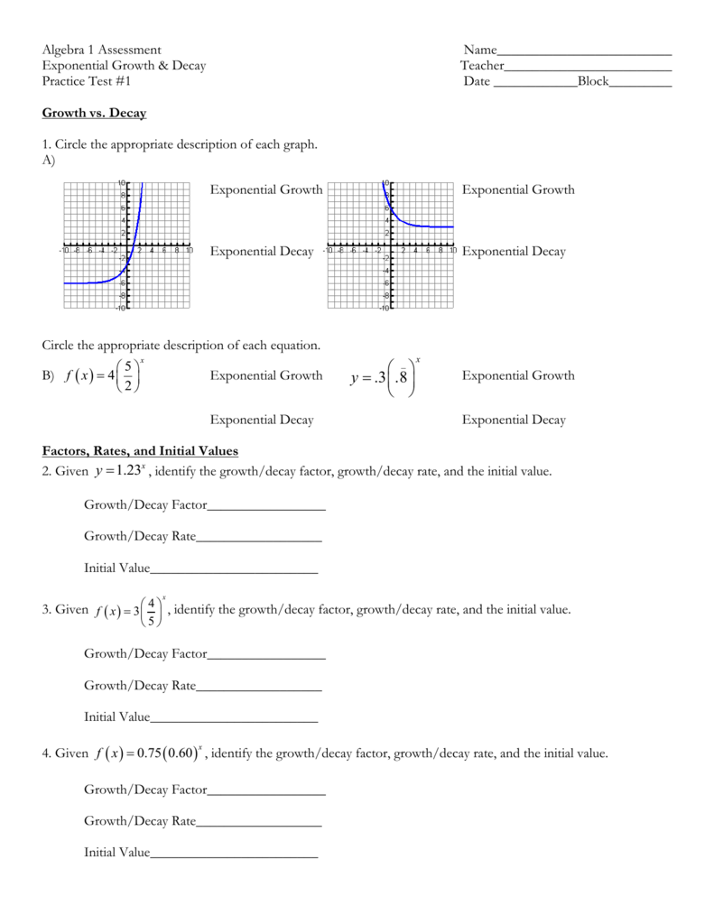 Algebra 1 Exponential Growth Decay Practice Test