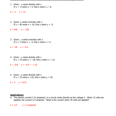 Algebra 2 Direct Inverse Variation Worksheet