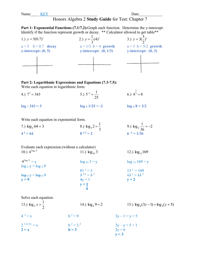 Algebra 2 Exponential Logarithmic Functions Study Guide