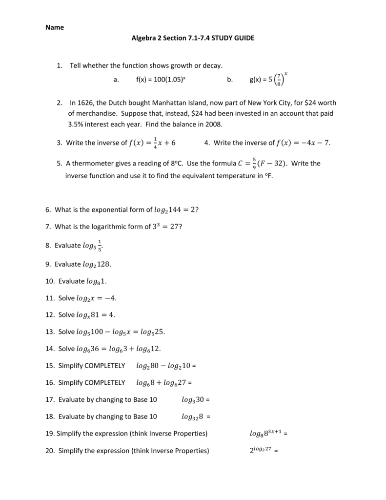 Algebra 2 Exponential Logarithmic Functions Study Guide