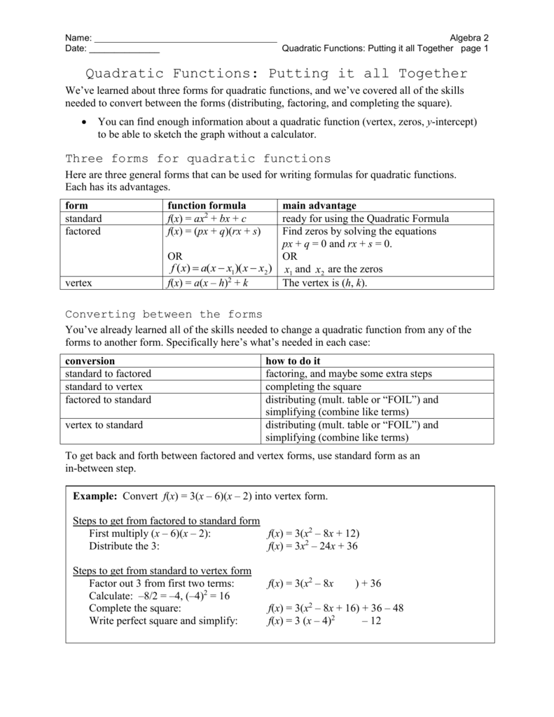 Algebra 2 Quadratic Functions Forms Graphs Algebra 2 Quadratic Functions Forms Graphs