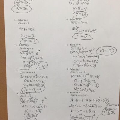 Algebra 2 Solving Radical Equations Worksheet