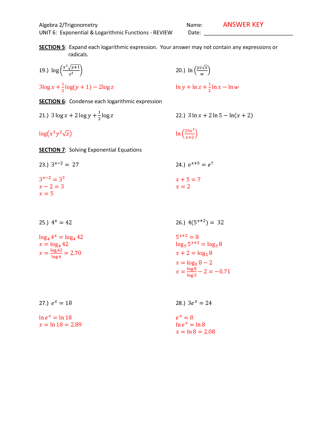 Algebra 2 Worksheets Exponential And Logarithmic Functions Worksheets Library Algebra 2 Worksheets Exponential And Logarithmic Functions Worksheets Library