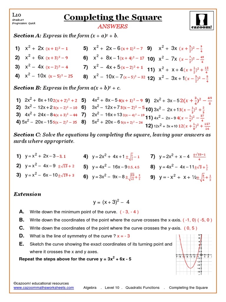 completing the square worksheet pdf