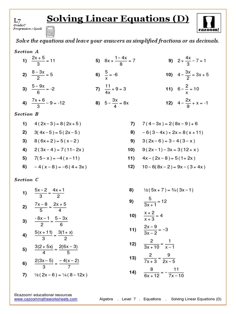 Algebra Level 7 Equations Solving Linear Equations D PDF Worksheets Library Algebra Level 7 Equations Solving Linear Equations D PDF Worksheets Library