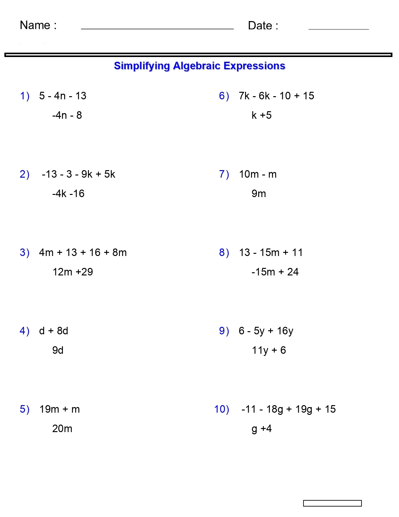 Algebraic Expressions Worksheets Simplifying Variables Worksheets 2 3 4Terms Made By Teachers Algebraic Expressions Worksheets Simplifying Variables Worksheets 2 3 4Terms Made By Teachers