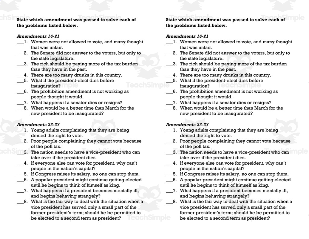 Amendments 16 27 Worksheet By Teach Simple