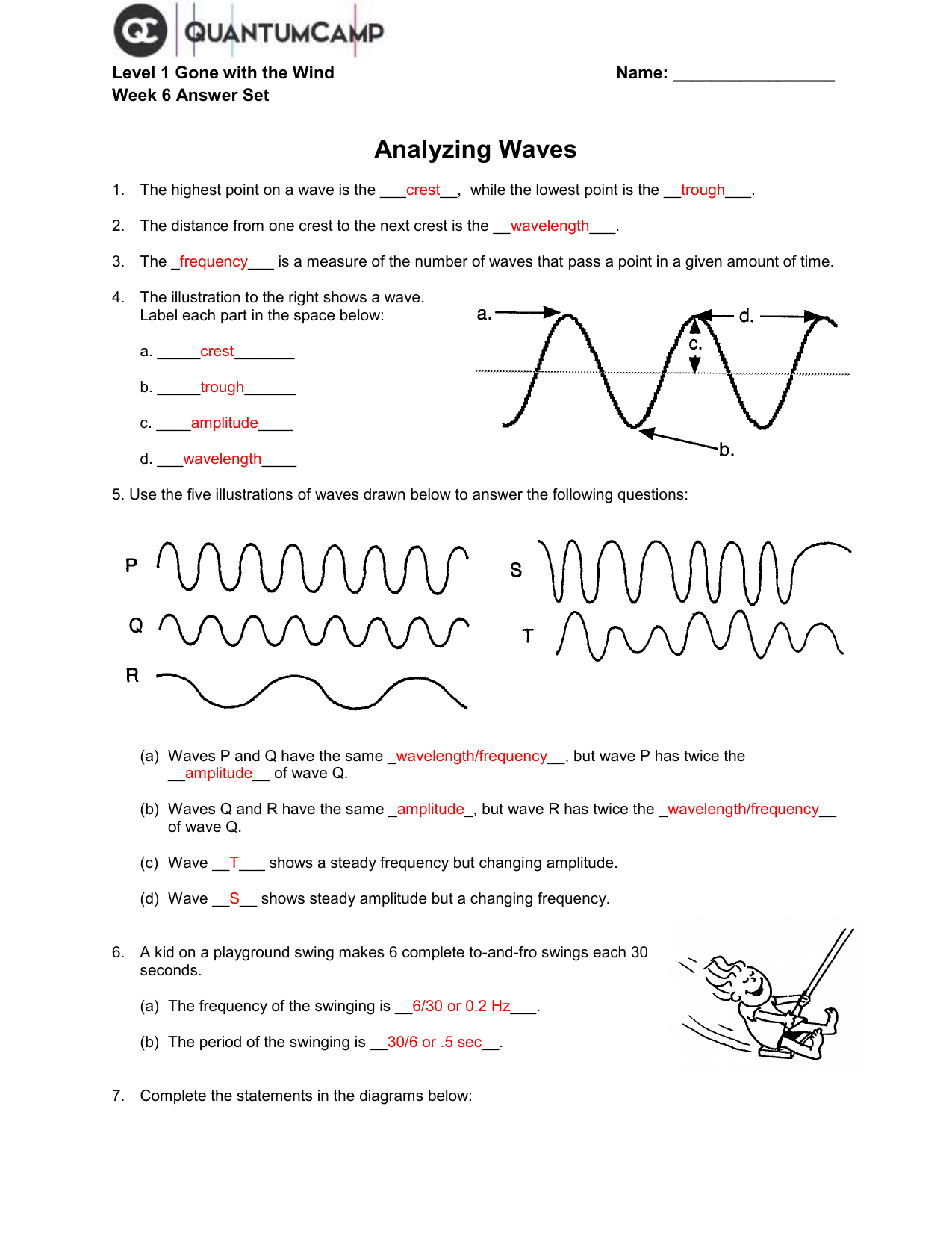 Analyzing Waves Worksheet Answer Key Middle School Science
