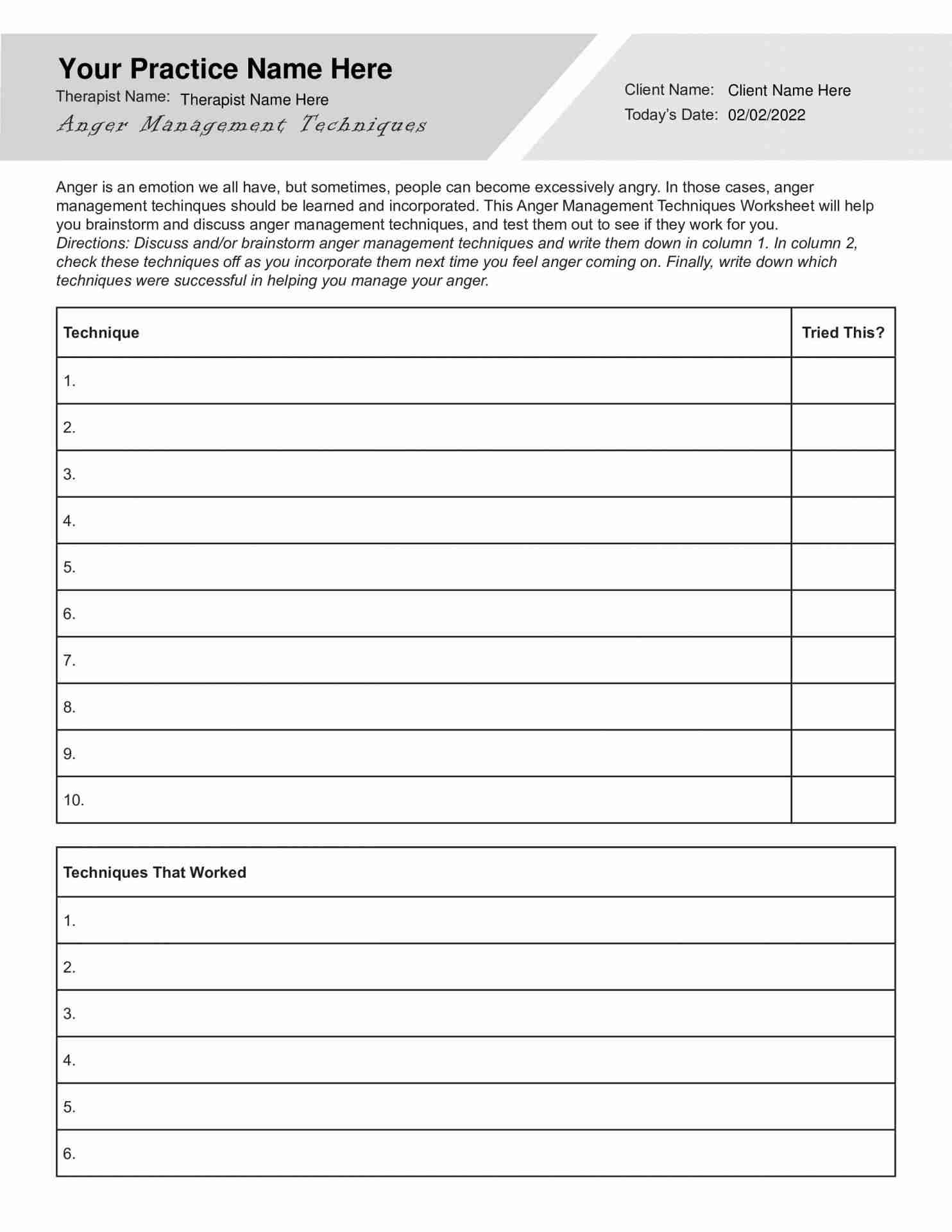 Anger Management Techniques Worksheet Editable Fillable Printable PDF TherapyByPro
