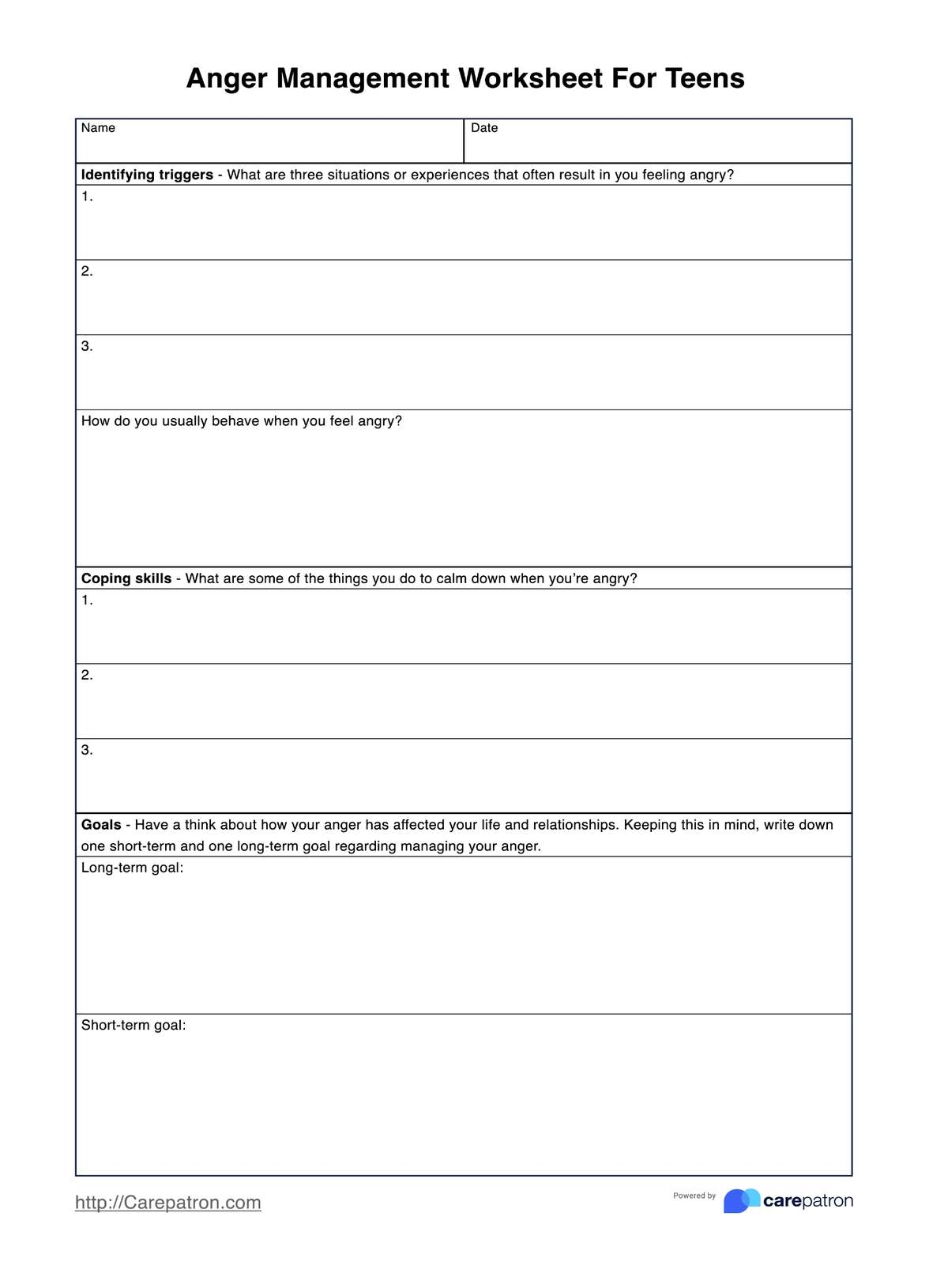 Anger Management Worksheets For Teens