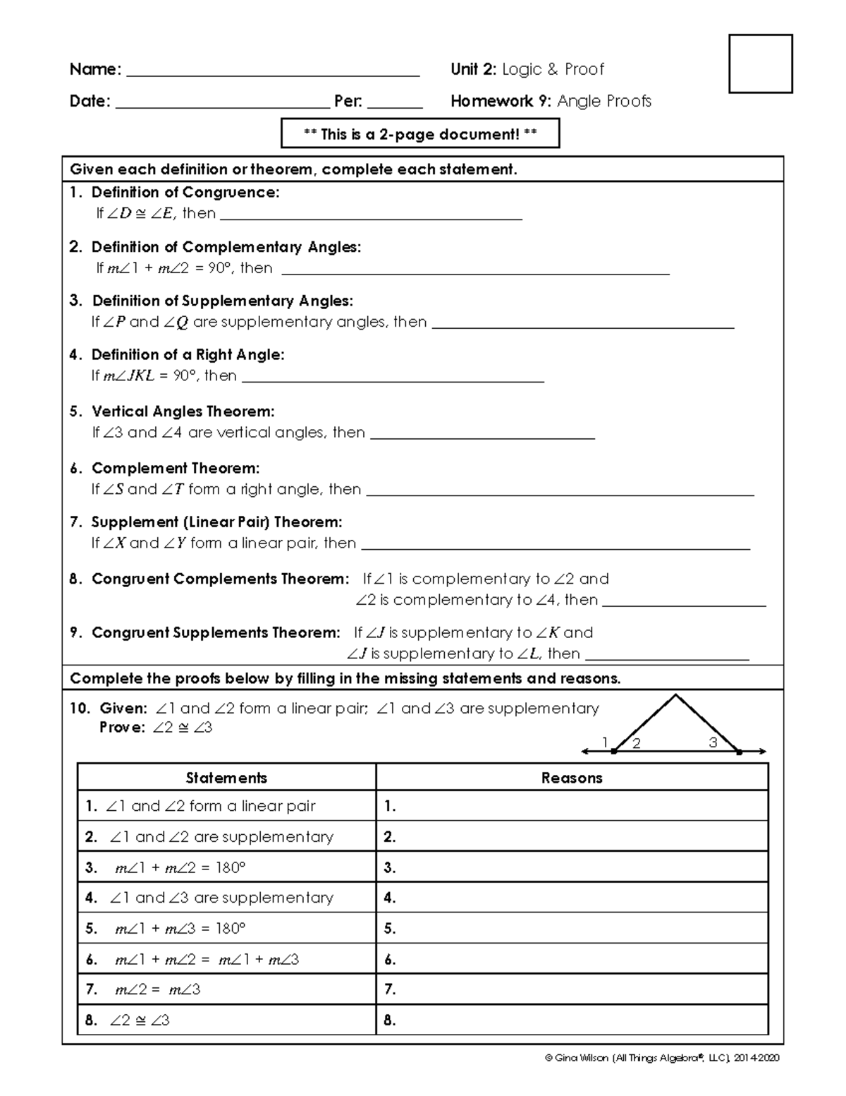 Angle Proof Worksheet 9 Geometry Definitions Theorems Studocu