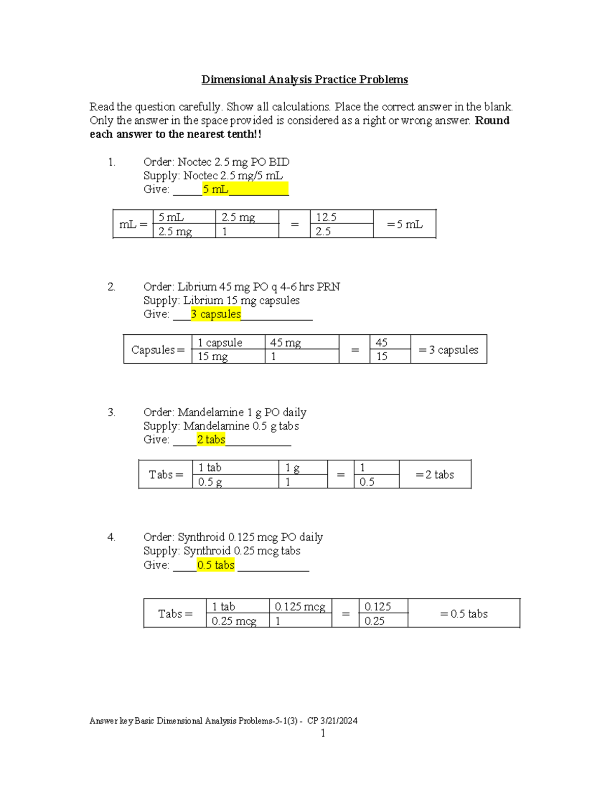 Answer Key For Basic Dimensional Analysis Problems 5 1 CP Studocu