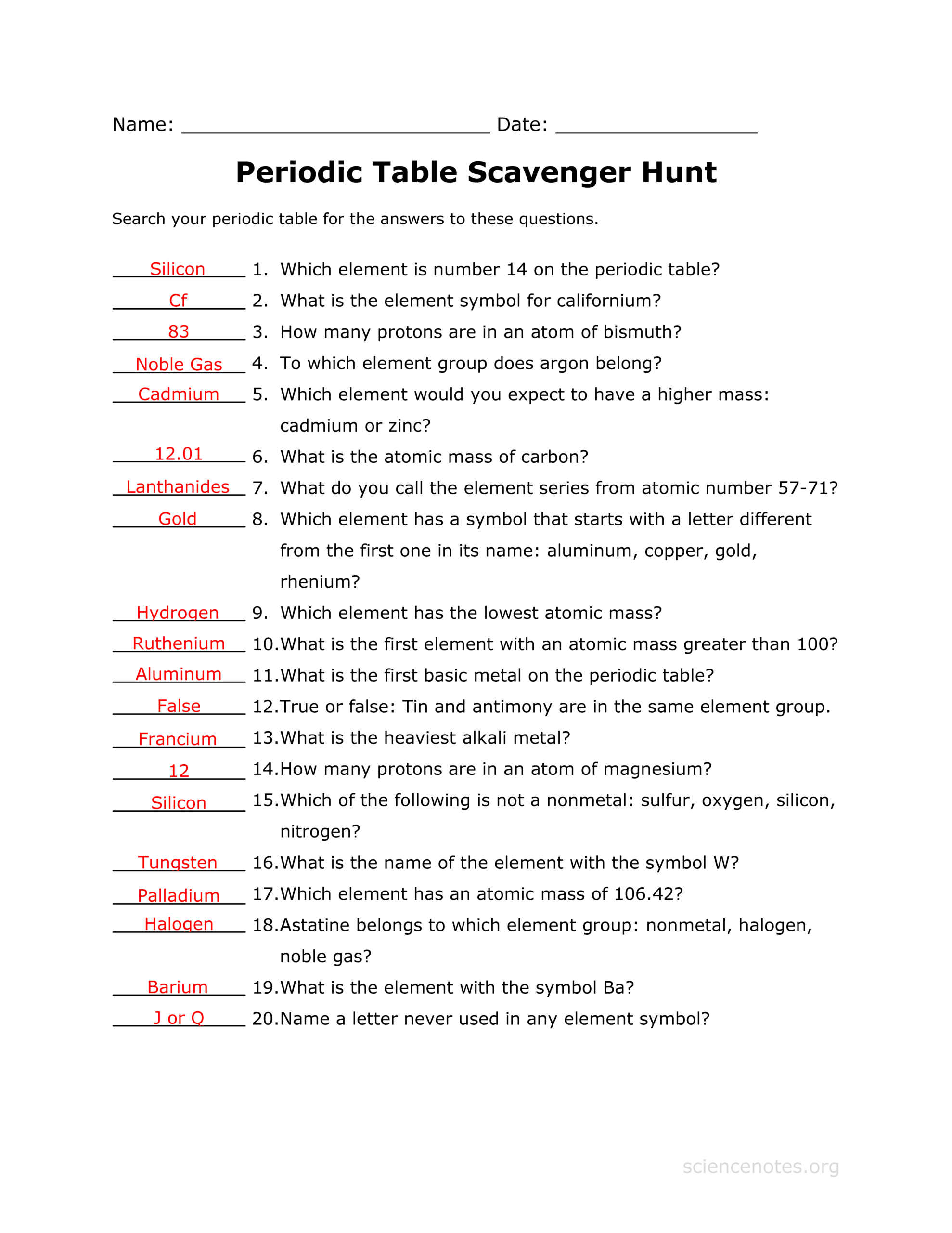 Answer Key To The Periodic Table Scavenger Hunt Worksheet Related Worksheets Library