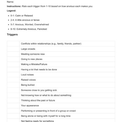 Anxiety Triggers Worksheet