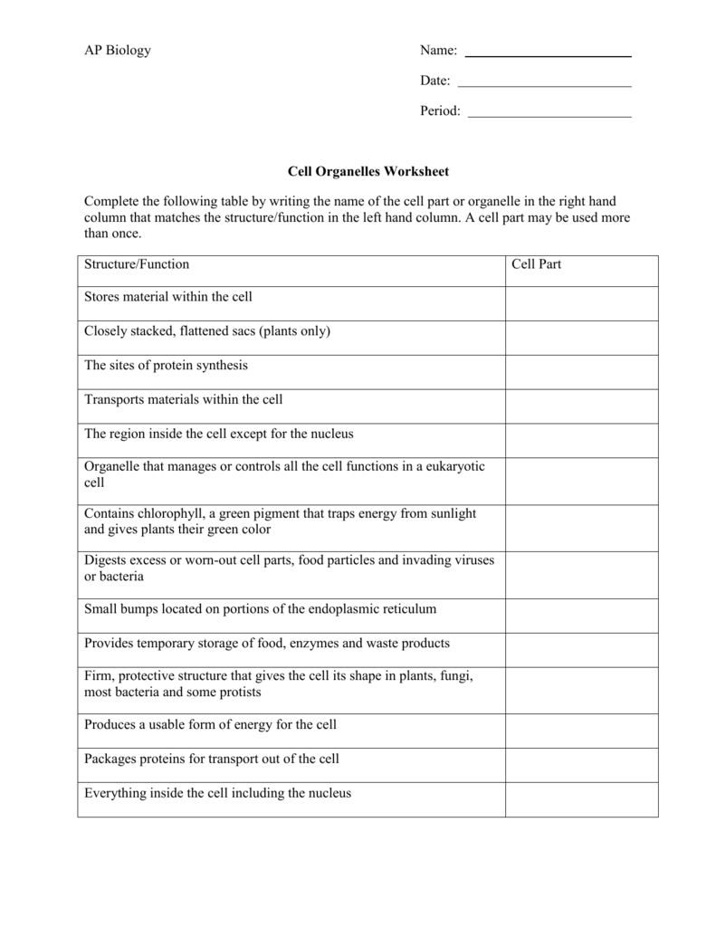 AP Biology Cell Organelles Worksheet