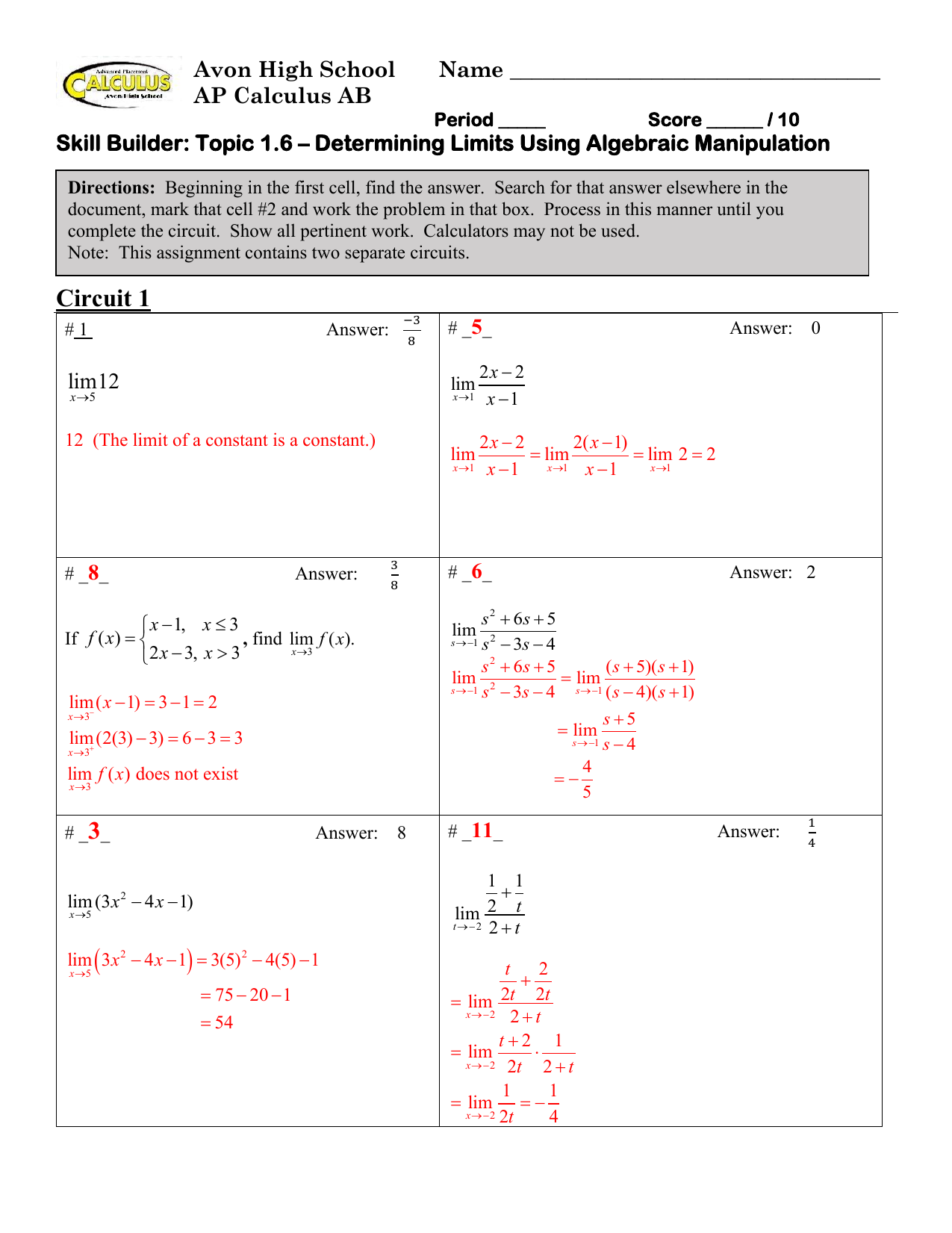 AP Calculus AB Limits Using Algebraic Manipulation AP Calculus AB Limits Using Algebraic Manipulation