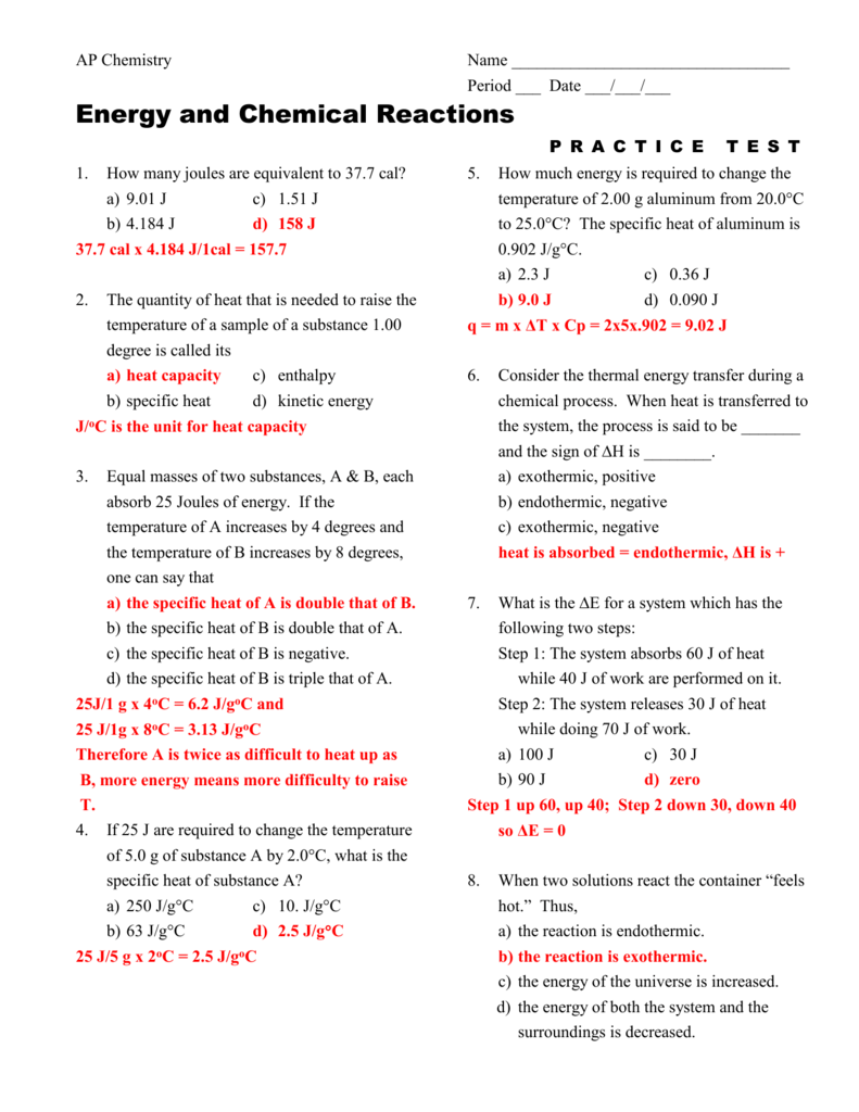 AP Chemistry Energy Reactions Practice Test