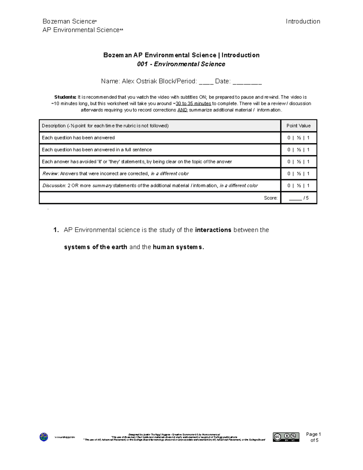 AP Environmental Science 001 Introduction Worksheet Guide Studocu
