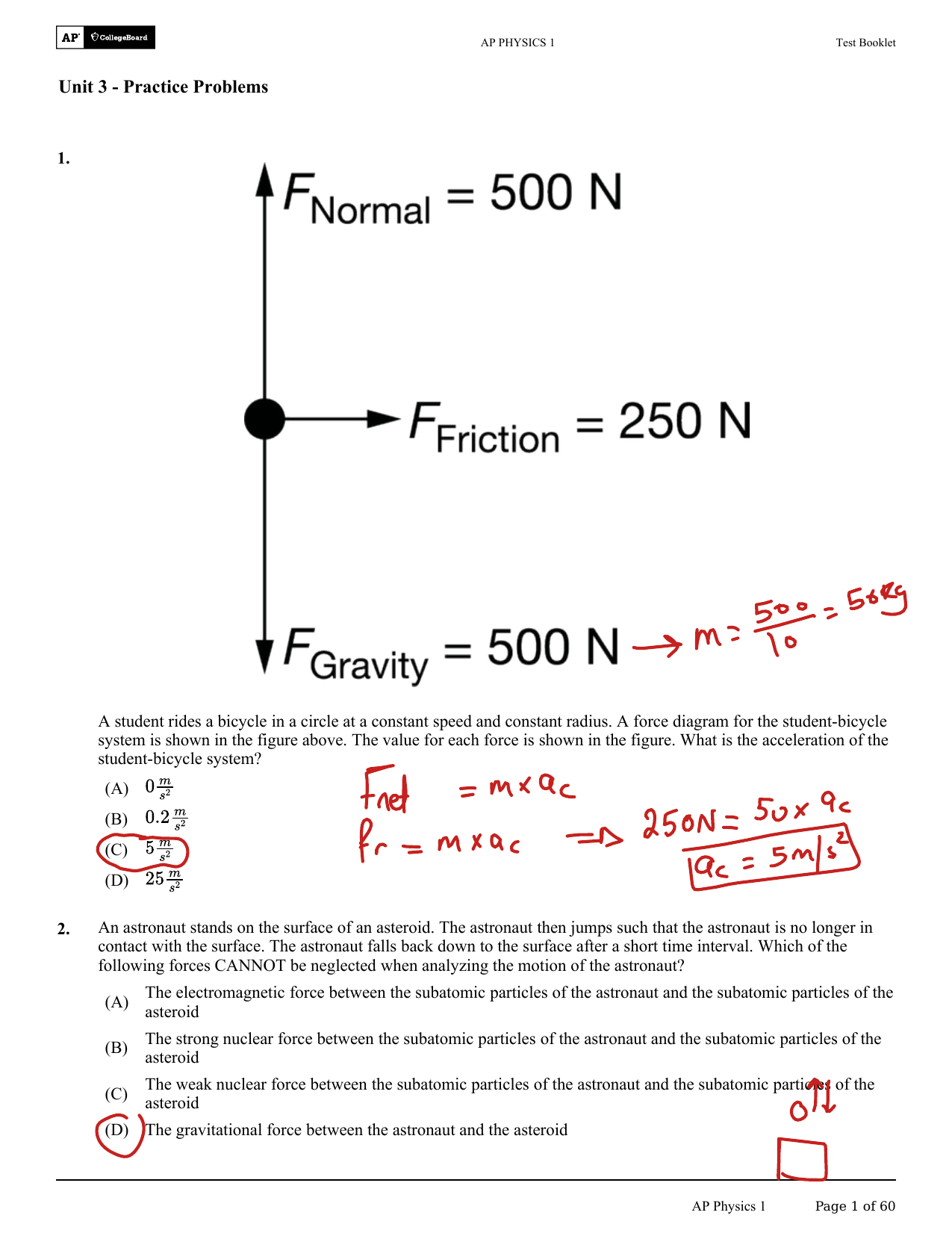 AP Physics 1 Unit 3 Practice Problems Test
