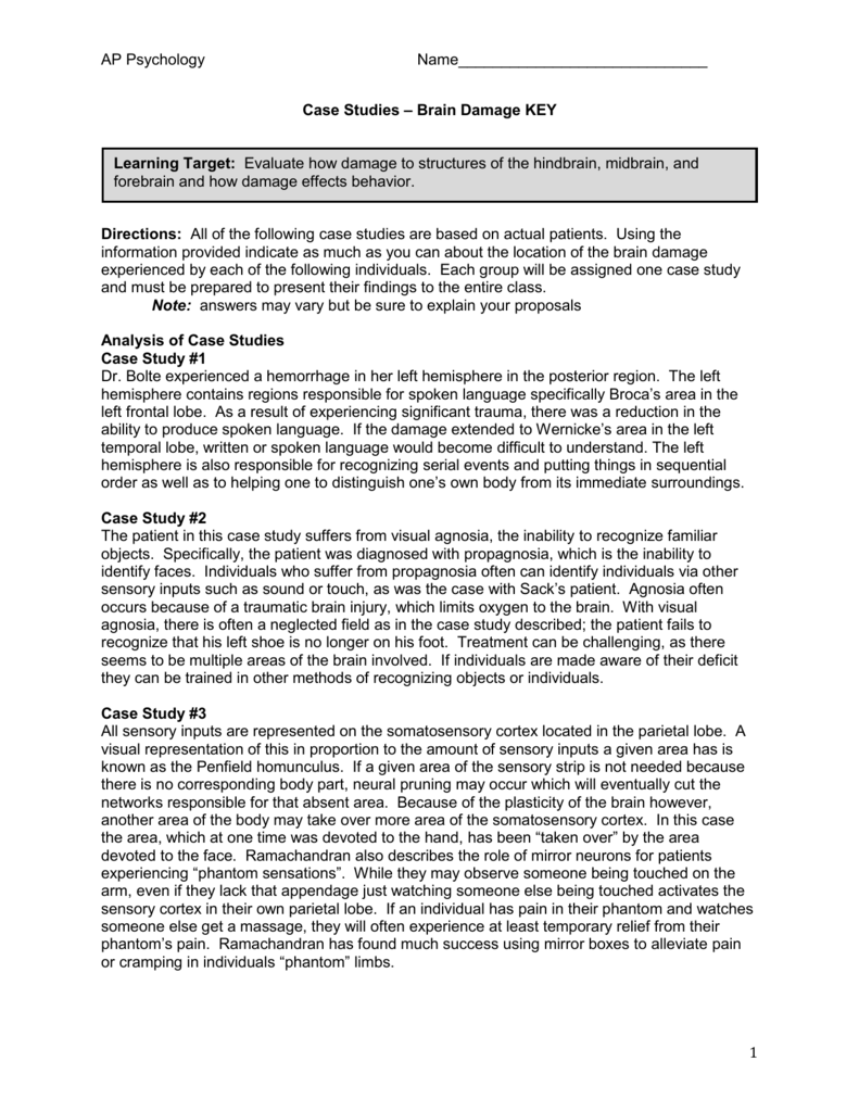 AP Psychology Brain Damage Case Studies KEY AP Psychology Brain Damage Case Studies KEY