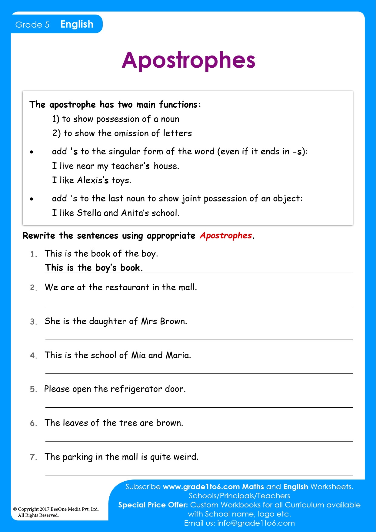 Apostrophe For Class 5 Punctuation Exercise Grade1to6 Worksheets Library Apostrophe For Class 5 Punctuation Exercise Grade1to6 Worksheets Library