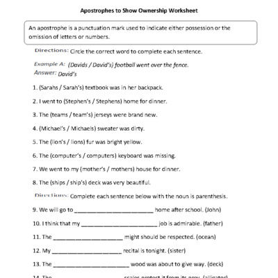 Apostrophes Worksheets Apostrophe To Show Ownership Worksheet