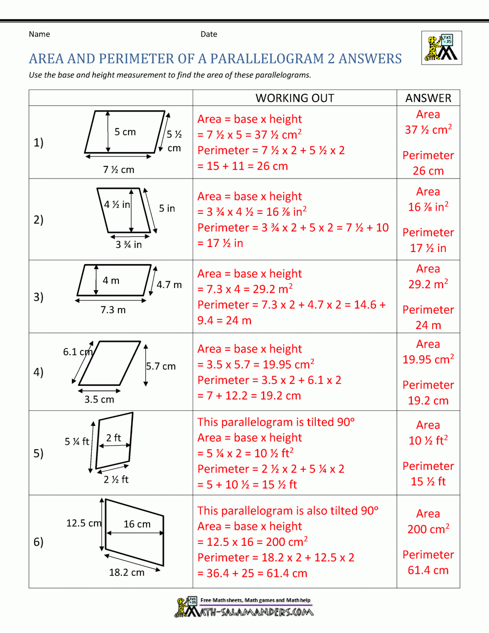 Area Of Parallelogram Worksheet Area Of Parallelogram Worksheet