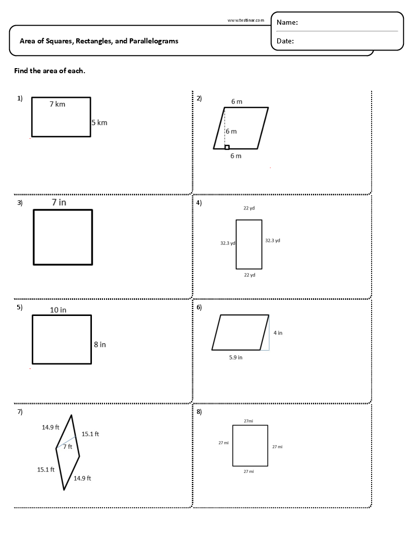 Area Of Squares Rectangles And Parallelograms Worksheets