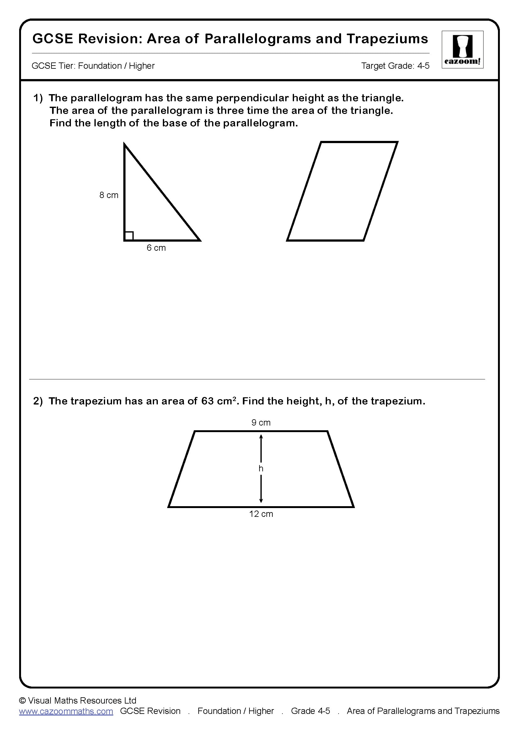 area of trapezoid worksheet pdf