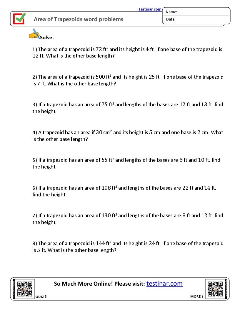 Area Of Trapezoids Word Problems So Much More Online Please Visit Testinar