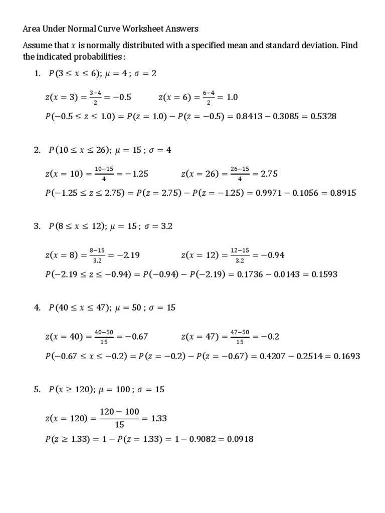 Area Under Normal Curve Worksheet Answers Download Free PDF Worksheets Library