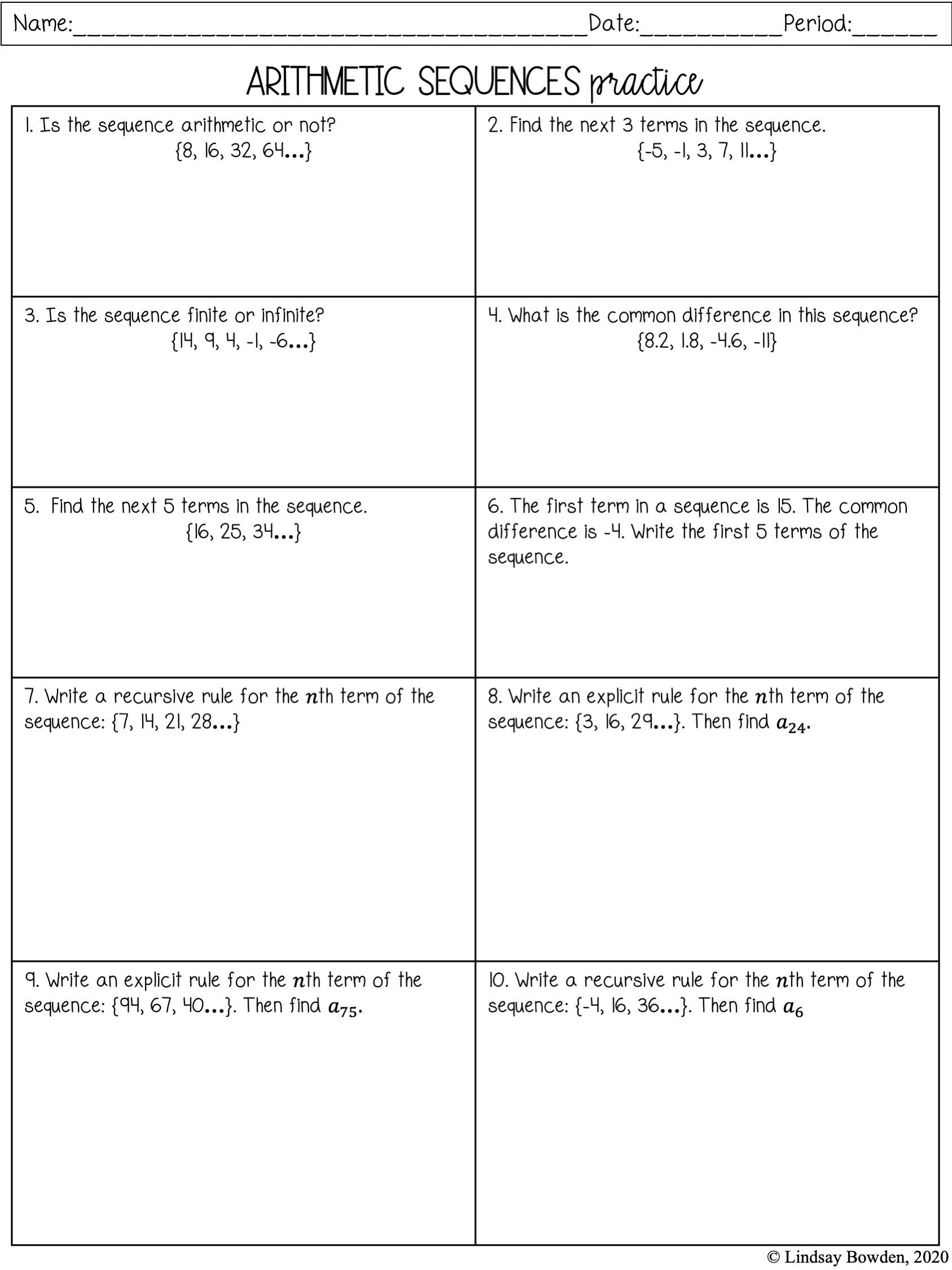arithmetic sequence pdf worksheet
