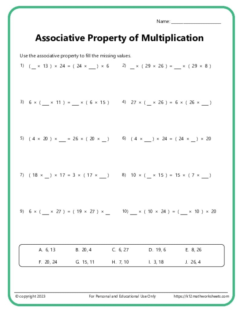Associative Property Of Multiplication Worksheets