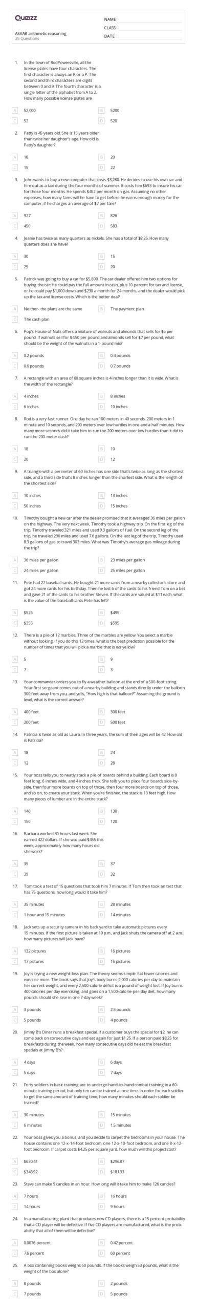 ASVAB Arithmetic Reasoning Practice Comparing Amounts Dummies Worksheets Library ASVAB Arithmetic Reasoning Practice Comparing Amounts Dummies Worksheets Library